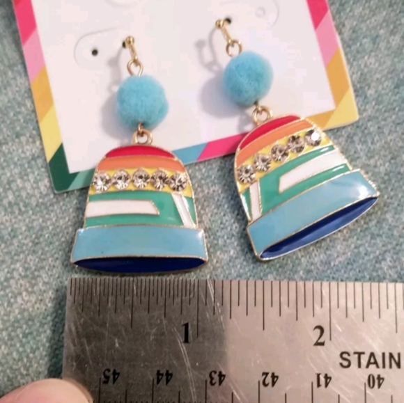 Pom Pom Beanie Hat Dangle Earrings - Picture 4 of 5